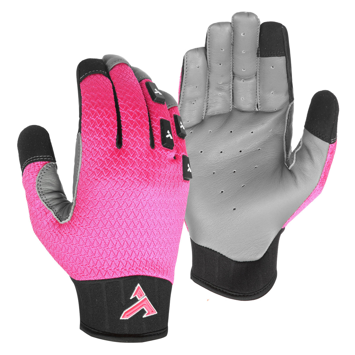 TRUCK Float prototype glove in Pink Flamingo, back of the hand and grey leather palm shown side by side