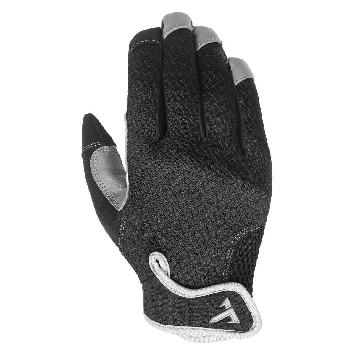 Back of the TRUCK Berm prototype glove in Ash, black textured mesh with a grey pull tab at the cuff
