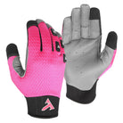 TRUCK Float prototype glove in Pink Flamingo, back of the hand and grey leather palm shown side by side