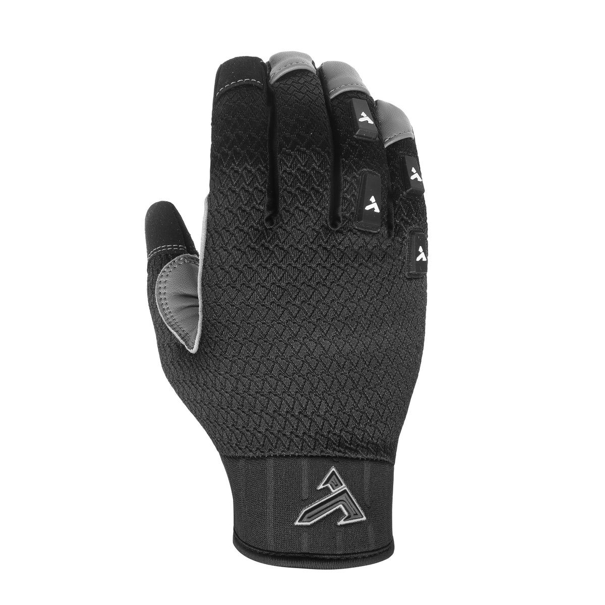 Back of the TRUCK Float prototype glove in Ash, black textured mesh with grey fingertip overlays