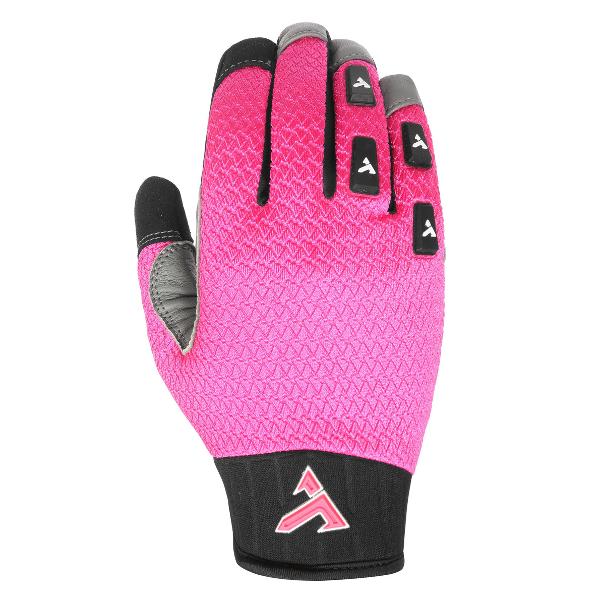 Back of the TRUCK Float prototype glove in Pink Flamingo, textured pink mesh with grey fingertip overlays