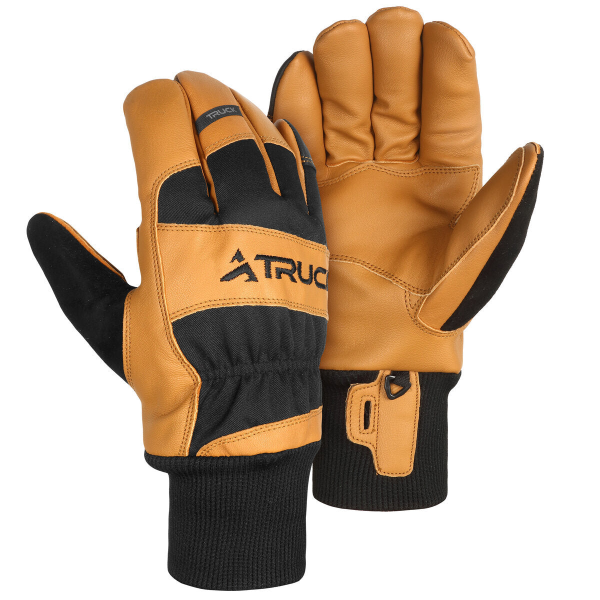 Brown M1 ski gloves showing the goatskin palm and stretch textile back